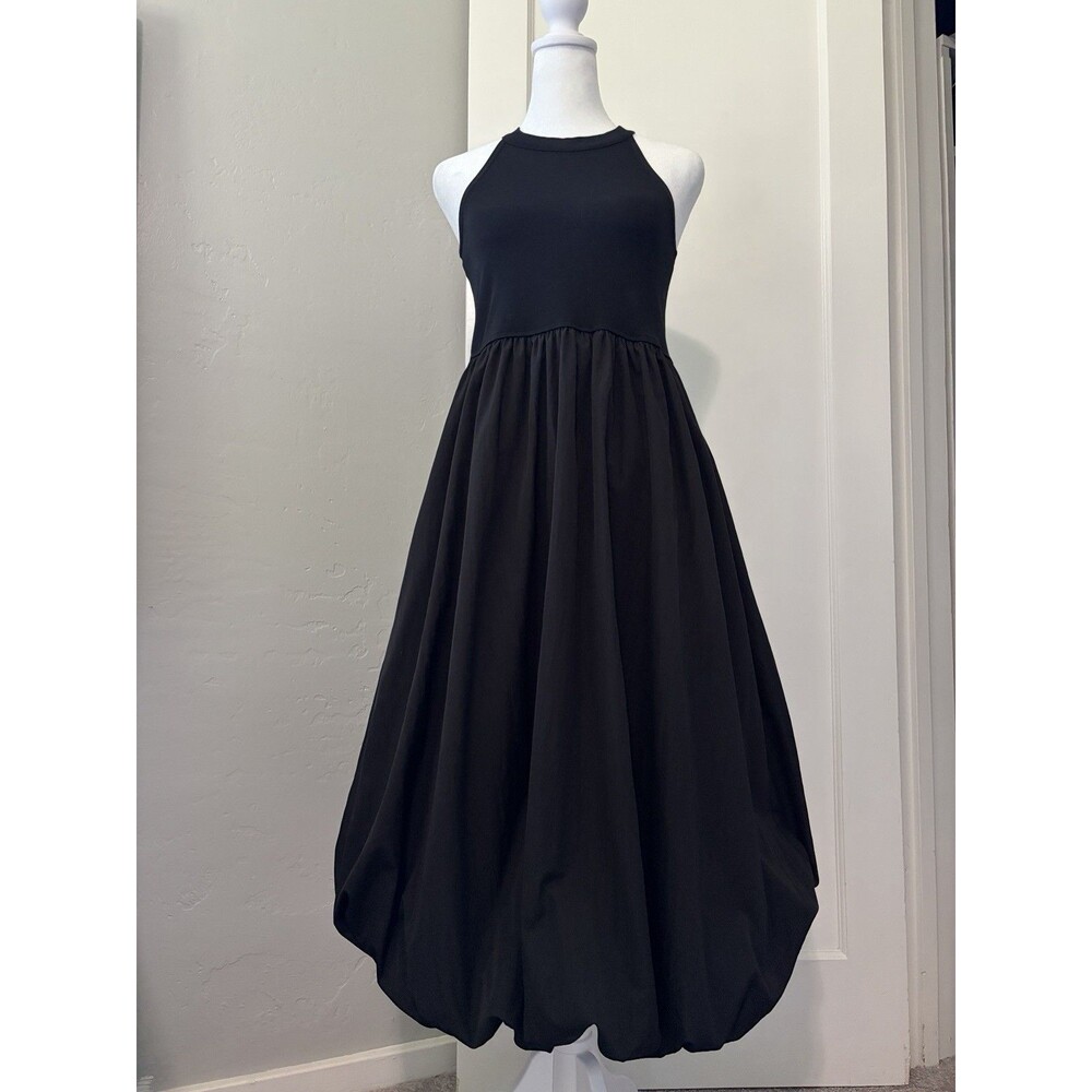 Korean Minimalist XS S Black Bubble Hem Balloon Midi Dress Sculptural Art Wear
